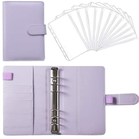 A6 Binder Refillable Planner Notebook 6 Ring PU Leather Binder Journal with Side Pockets, and 12 Transparent Zipper Bag 1PC Macaron Purple