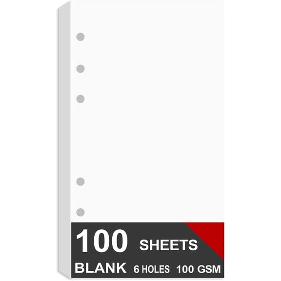 A6 Blank Paper for Filofax Personal Binder Planner, White 100gsm Blank Pages, 6 Hole Punched, 100 Sheets/200 Pages, 3.75 x 6.75 Inch