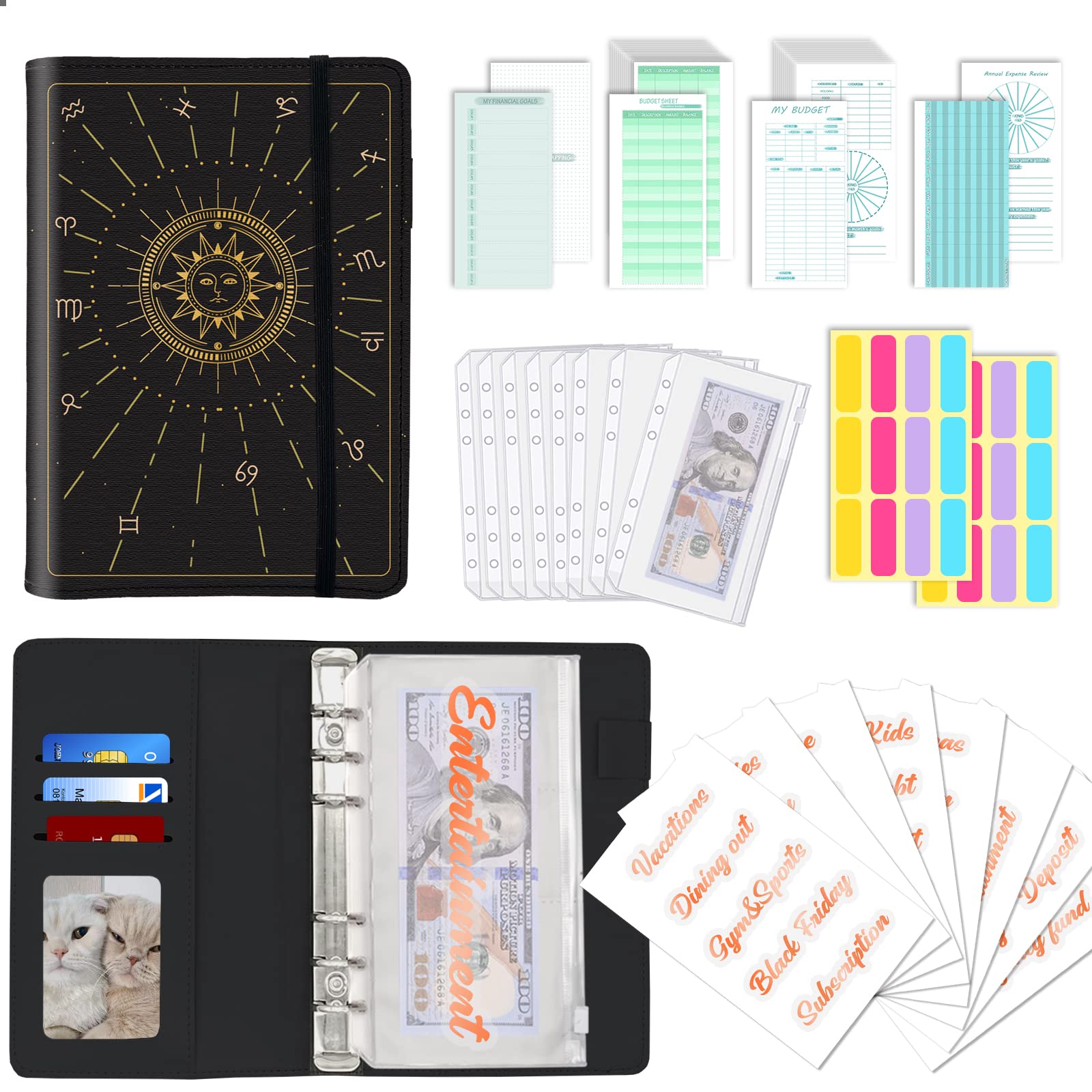 A6 Budget Binder with Zipper Envelopes, Money Bill Organizer for Cash