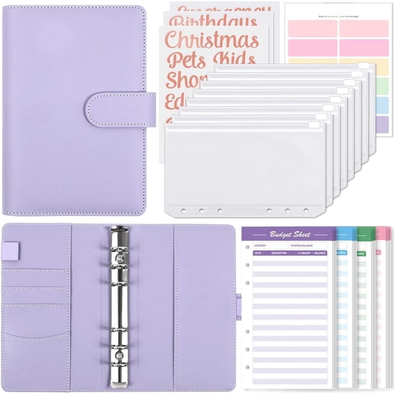 A6 Budget Organizer for  with 8 count Zipper Envelopes,12pcs Expense Sheets & 24 Rose  Sticky Labels, Saving Binder for Budgeting