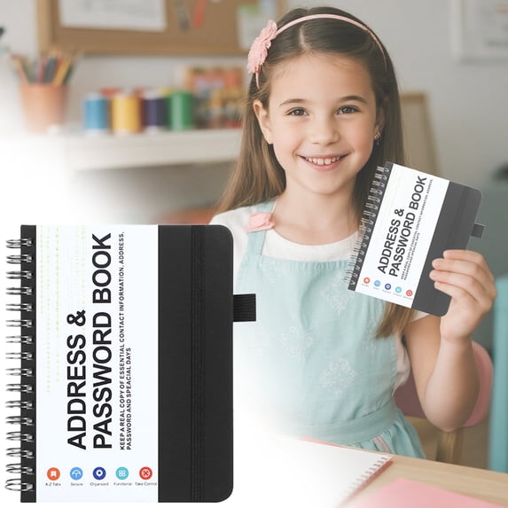 A6 Coil Password and Address Book Alphabetical, Discreet No-Title Cover with Elastic Band, Pocket Size Organizer, Lay Flat Spiral Binding Black