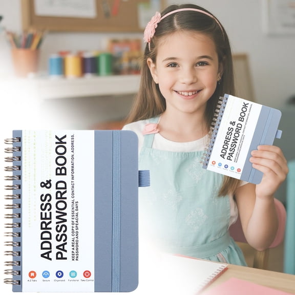 A6 Coil Password and Address Book Alphabetical, Discreet No-Title Cover with Elastic Band, Pocket Size Organizer, Lay Flat Spiral Binding Dark Blue