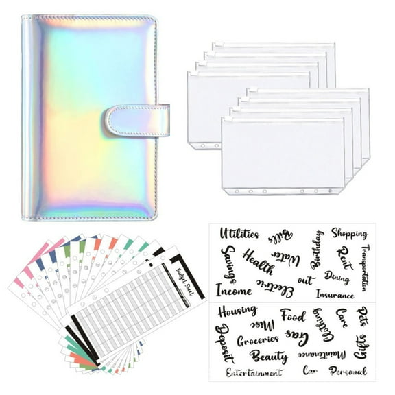 A6 Colorful Collar Handbook Laser Macaron Pu Notebook Silver Note Book, 1X A6 6-Hole Notebook Folder, 2X Letter Sticker Labels, 8X A6 Folder Bag, 12X A6 Cost Budget Table Notebook, Silver