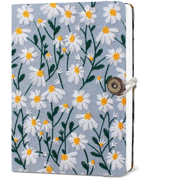 A6 Floral Embroidered Fabric Notebook - Daisy Blank Journal with Snap Closure, Travel Stamp Book for Students, Work Notes & Personal Diary
