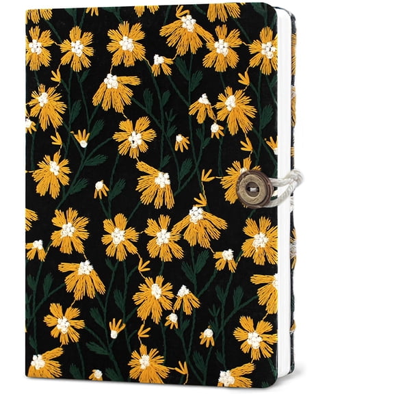 A6 Floral Embroidered Fabric Notebook - Daisy Blank Journal with Snap Closure, Travel Stamp Book for Students, Work Notes & Personal Diary