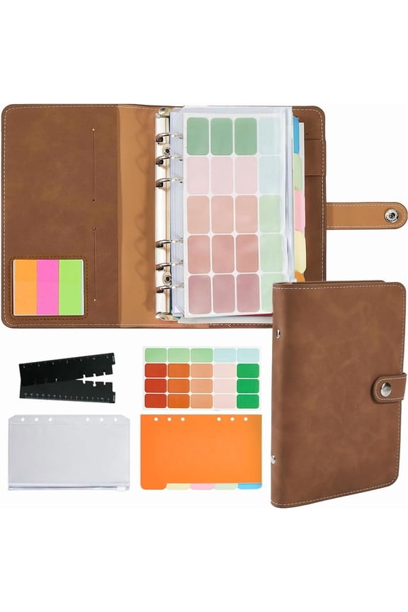 A6 Leather Binder Refillable Notebook Spiral Diary Notepads 6 Ring Loose Leaf Budget Journal Notebook with Binder Pockets Refill Paper Envelope