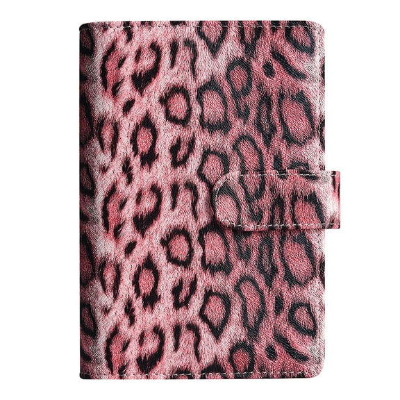 A6 Leopard Refillable Notebook, DIY Leather Cover Binder with Card Slots & Pen Holder, Multi-Use Journal for Writing, Notes, Travel,Pink