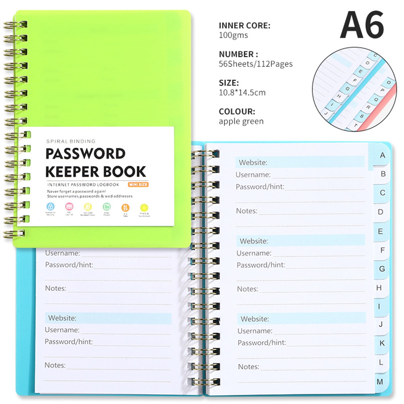 A6 Mini Spiral Password Keeper Book, Light Green Password Organizer ...