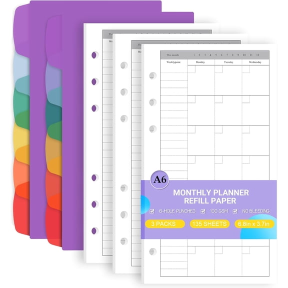 A6 Monthly Planner Refill Paper for A6 6-Ring Refillable Binder, 135 Sheets Monthly Loose Leaf Filler Paper with Weeklypoint/Daily Section & 12 PCS Binder Dividers for Agenda Work Schedule
