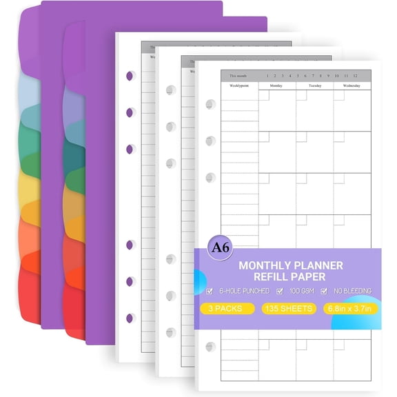 A6 Monthly Planner Refill Paper for A6 6-Ring Refillable Binder, 135 Sheets Monthly Loose Leaf Filler Paper with Weeklypoint/Daily Section & 12 count Binder Dividers for Agenda Work Schedule