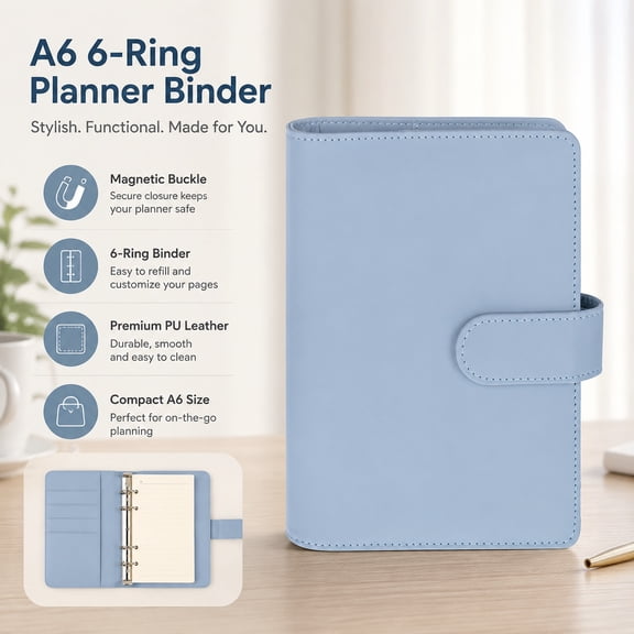 A6 Notebook Binder Refillable 6 Ring Budget Cover for A6 Refill Paper, PU Leather Planner Organizer with Magnetic Buckle, Loose Leaf Planner Airy Blue
