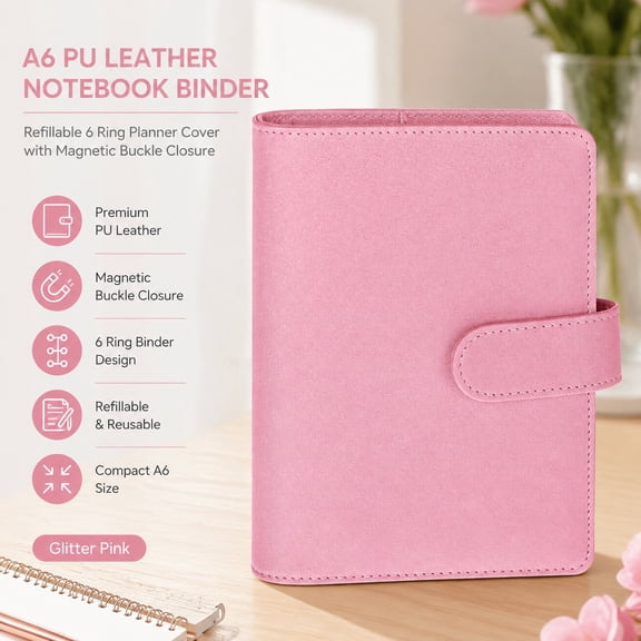 A6 Notebook Binder Refillable 6 Ring Budget Planner Organizer PU Leather Cover with Magnetic Buckle Glitter Pink