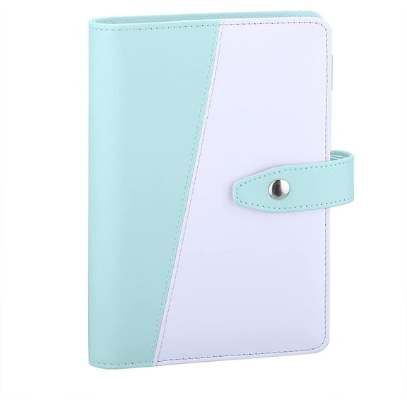 A6 PU Leather Notebook Binder Refillable 6 Ring Binder for A6 Filler Paper. Loose Leaf Personal Planner Binder Cover with Magnetic Snap Closure. Mint Blue and White