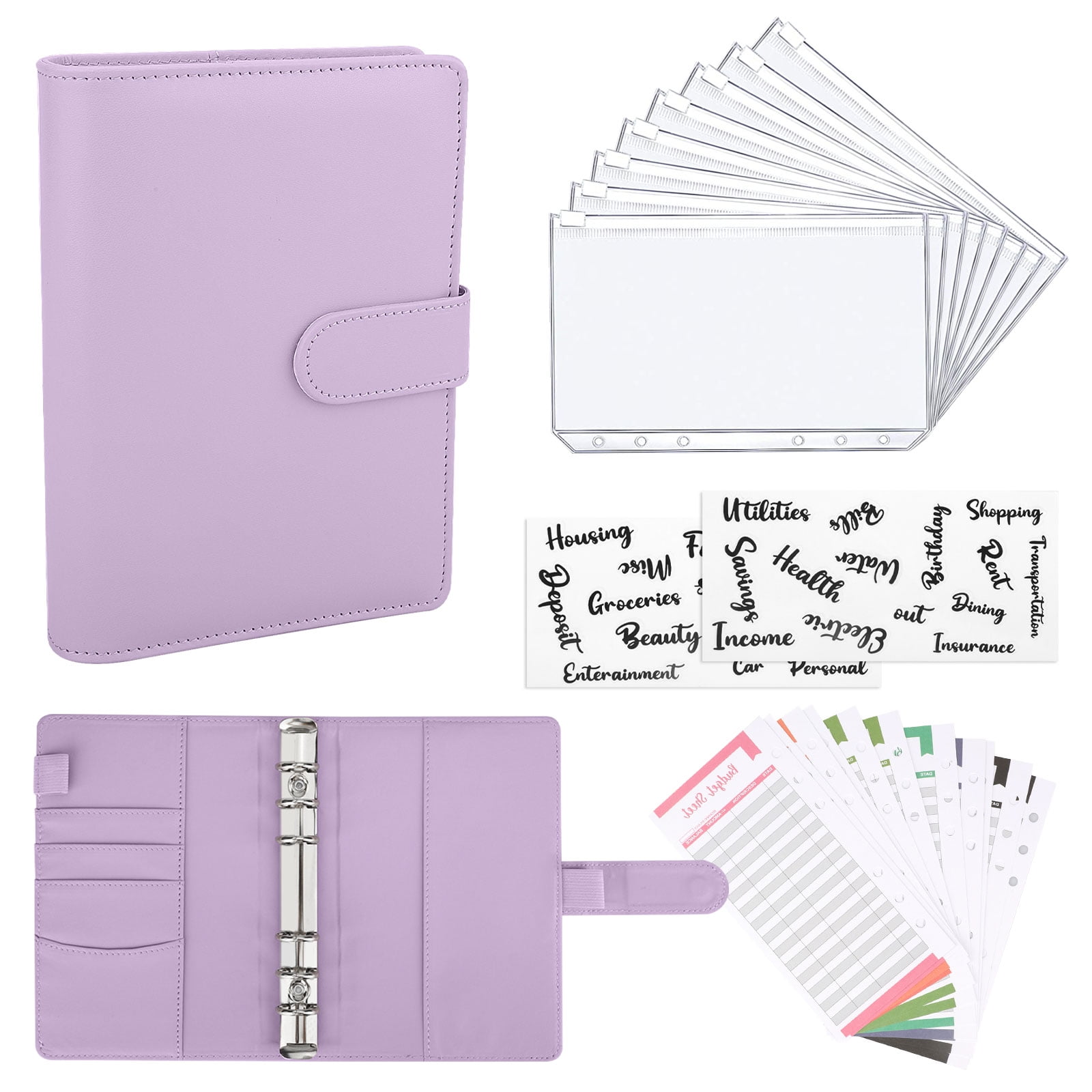 LINTRU Budget Binder with Zipper Envelopes, Money Organizer for Cash, Premium PU Leather A6 Binder with Expense Budget Sheets and Stickers, Savings