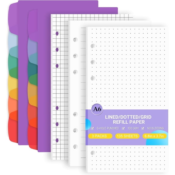 A6 Planner Inserts 6-Hole Lined/Dotted/Grid Refill Paper for A6 6-Ring Refillable Notebook Binder, 135 Sheets Loose Leaf Filler Paper with 12 count Binder Dividers for Notes Journal Sketch Chart