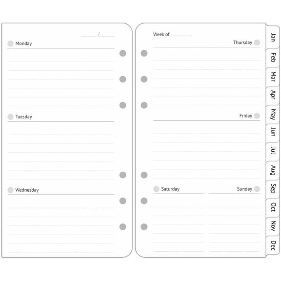 A6 Planner Refills Undated, 2-Page Per Week, Monthly Tabs, 3-3/4" x 6-3/4"