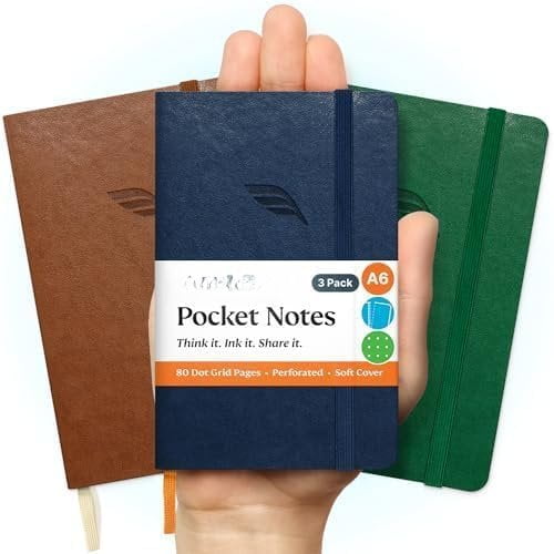 A6 Pocket Notebook (Bold Classic) 3 Pack 3.5x5.5 Dotted Mini Notebook Journal 100Gsm Perforated Paper, Work Gym Travel Journal Notebook, Leather Small Notebook Numbered with Notes Index