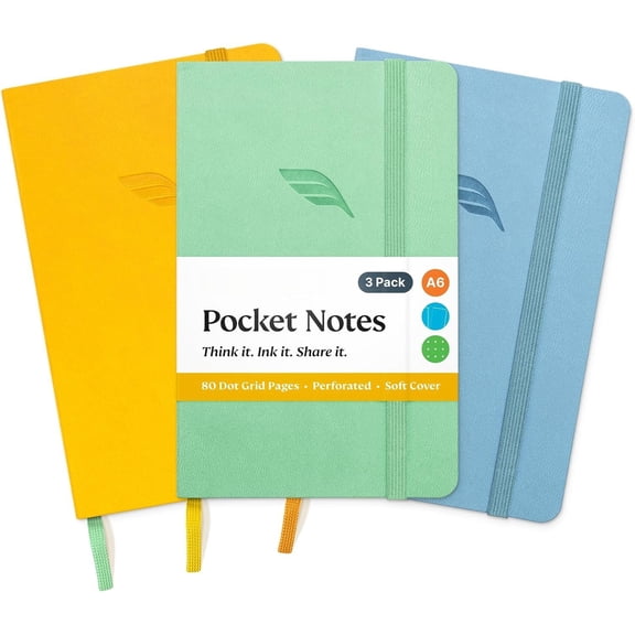 A6 Pocket Notebook (Spring Pastel) 3 Pack 3.5x5.5 Dotted Mini Notebook Journal 100Gsm Perforated Paper, Work Gym Travel Journal Notebook, Leather Small Notebook Numbered with Notes Index