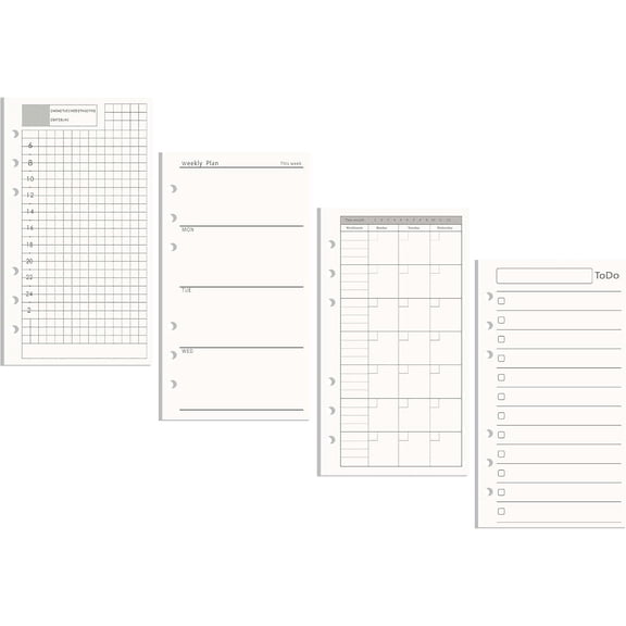 A6 Refill Paper 4 Pack Undated Daily, Weekly, Monthly Plan and To Do List, Loose Leaf 6 Holes Filler Paper Binder Inserts