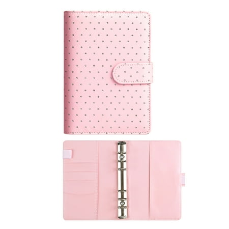 A6 Rhinestone Cover Binder with Metal Rings, PU Leather,Card Slot,Penholder,Portable Notebook for Journal, Budget, Travel & Album, Gifts for Women, Pink