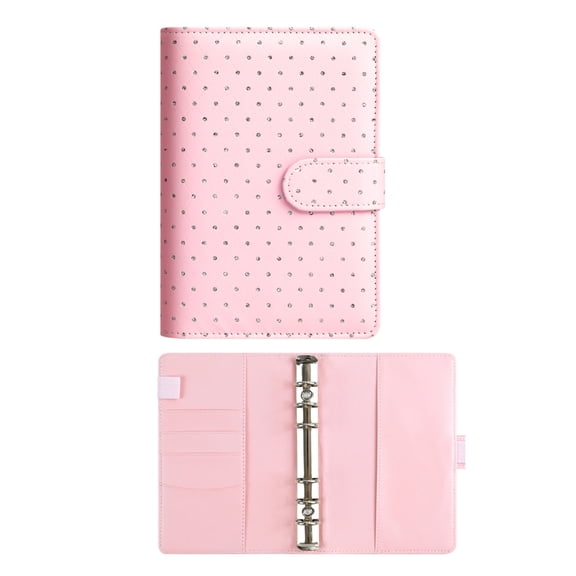 A6 Rhinestone Cover Binder with Metal Rings, PU Leather,Card Slot,Penholder,Portable Notebook for Journal, Budget, Travel & Album, Gifts for Women, Pink