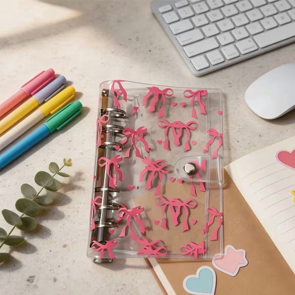 A6 Transparent PVC Binder with Pink Bow Heart, 6-Hole Loose Leaf Notebook Case for School