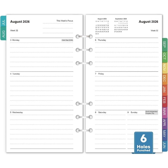 A6 Weekly & Monthly Planner Refills, 3.8"x6.8" Small Size Planner Inserts for 6-Ring Binders, Jul 2026 - Jun 2027, 100gsm Thick Paper, 6-Hole Punched Calendar Inserts with Colorful Monthly Tabs