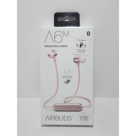 A6m Rose Pink Wireless Metal Earbuds with Optional Athletic Earhooks and In-Line Controller