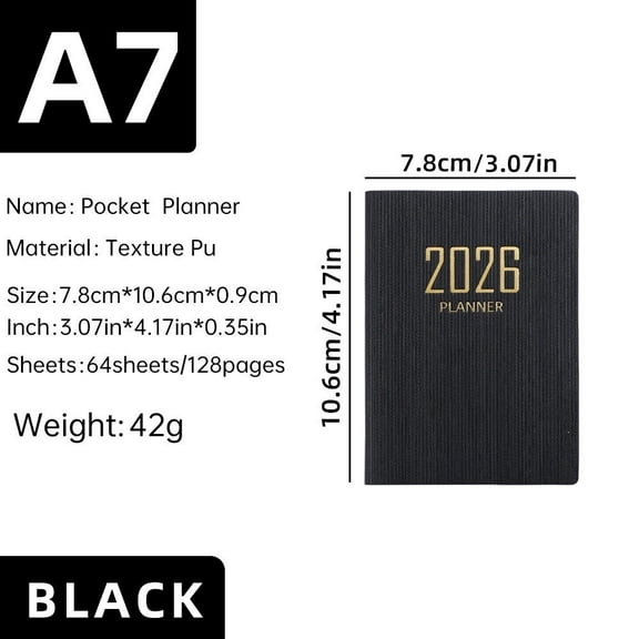A7 2026 English Planner Notebook Mini Portable Pocket Daily Schedule Notebook 64 Sheets 128 Page Thin Weekly Calendar Daily Planner