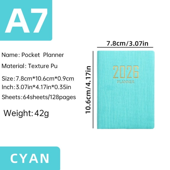 A7 2026 English Planner Notebook Mini Portable Pocket Daily Schedule Notebook 64 Sheets 128 Page Thin Weekly Calendar Daily Planner