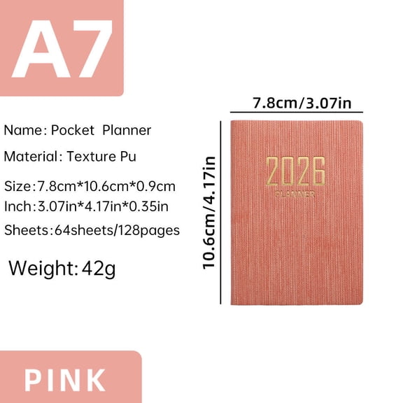 A7 2026 English Planner Notebook Mini Portable Pocket Daily Schedule Notebook 64 Sheets 128 Page Thin Weekly Calendar Daily Planner