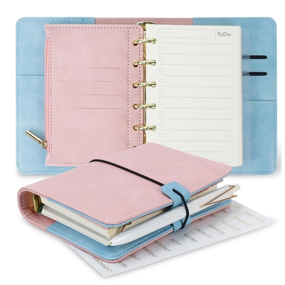 A7 Binder Refillable Planner Notebook 6 Ring, Portable Leather Organizer with Zippered Pocket, To-Do & Blank Refill Papers, Dividers, Monthly Sticker, Pen, for Students, Professionals, Travel