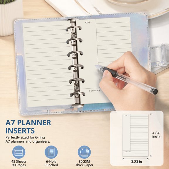 A7 Design Planner Refill 6 Hole Notebook Binder Inserts, College Ruled Note Paper, 100gsm Lined Planner Pages, Pocket Size 4.84 x 3.23