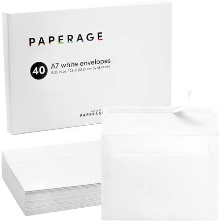 A7 Invitation Envelopes 40 ct pack, sized 5.25 X 7.25 with modern square flap. Easy peel and seal adhesive closure. Sized for 5 x 7 photos and wedding, graduations, baby showers invitations. (White)