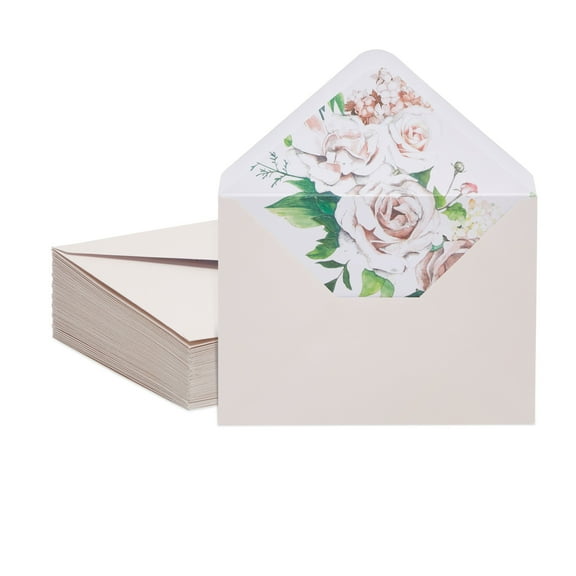 Paper Junkie A7 Stationery Envelopes with Floral Liner - 7.25 x 5.25 in, Ivory, Pack of 50 - For Card Making Supplies & Letter Envelopes - Use with Wedding Thank You Cards
