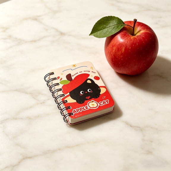 A7 Mini Pocket Notebook, Cute Cat Spiral Lined Notebook, Kawaii Notepad Set for , Red Apple, 1 Pack