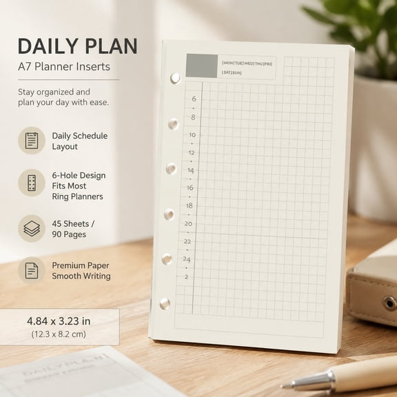 A7 Planner Refill Daily Agenda Insert, 6 Hole, 100gsm Paper, Time Table Notebook Paper for 6 Rings Binder, 4.84 x 3.23 Inches