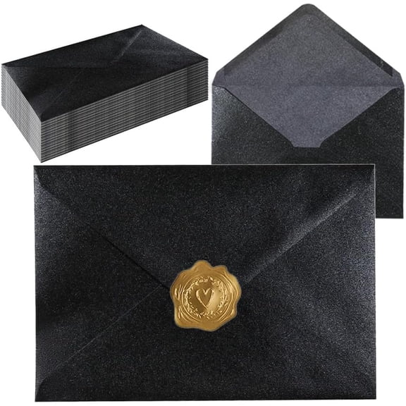 A7 Self-Sealing Black Envelopes 50 Pcs - 5x7 Inches (5.317.67in) Premium 120g Pearl Glitter Paper - Printable & Writable for Wedding, Party Invitations - Includes Gold Sealing Stickers