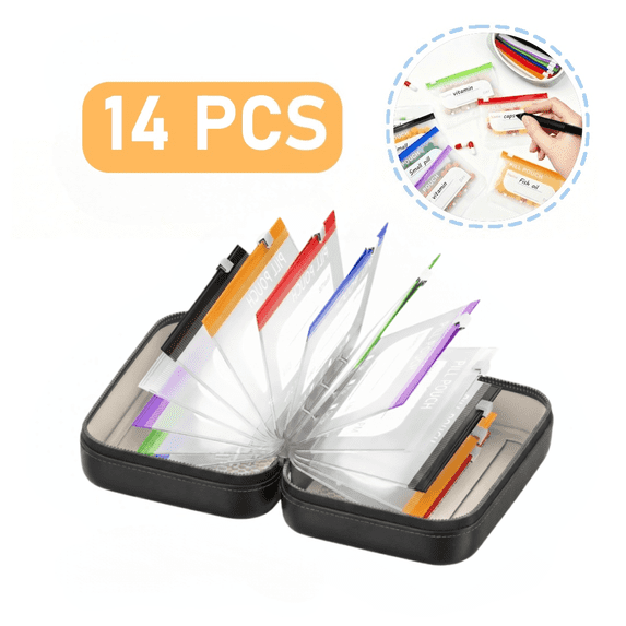A7 Waterproof Pill Organizer with 14 PCS L Size Zippered Pill Pouches for A7 Binder, Weekly Medicine Organizer, Color-Coded Reusable Travel Pill Storage System