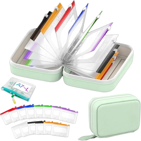 A7 Waterproof Pill Organizer Set with 14 PCS Zippered Pill Pouches - Portable 7–14 Day Travel Pill Organizer - Reusable Travel Pill Storage System (Green, with 14 Pill Pouches)