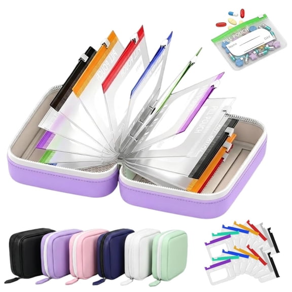A7 Waterproof Travel Weekly Pill Organizer – Binder with 7/14 Zippered Pouches, Color‑Coded Labels, Reusable Medicine Pouch Bag for Vitamins & Supplements
