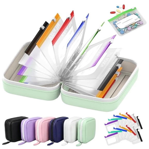 A7 Waterproof Travel Weekly Pill Organizer – Binder with 7/14 Zippered Pouches, Color‑Coded Labels, Reusable Medicine Pouch Bag for Vitamins & Supplements
