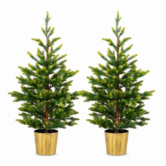 A7Store 2 Pack 4FT Artificial Christmas Trees, Potted Faux Pine Trees with Gold Planters, Realistic Indoor Outdoor Holiday Decor