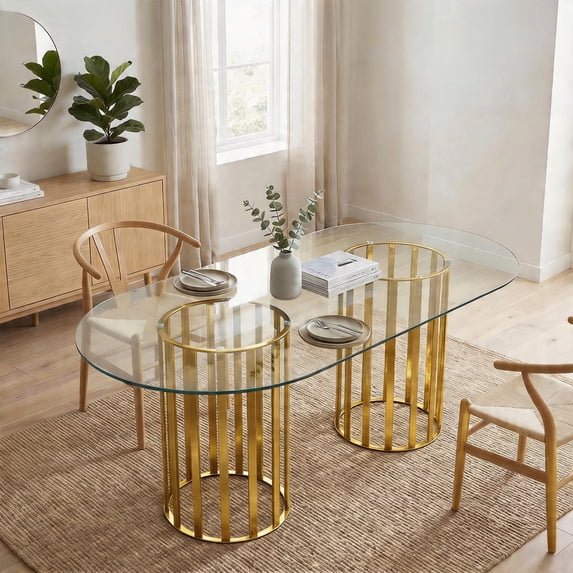 A7Store 71 in Glass Dining Table,Gold Dining Table for 6-8,Large Size Kitchen and Dining Room Table with Tempered Glass top and Gold Double Column Metal Legs, Modern Rectangular Dining Table