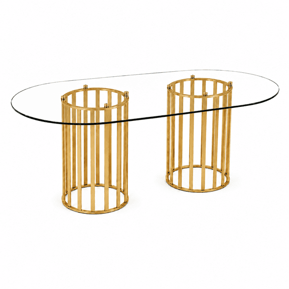 A7Store 71 in Glass Dining Table,Gold Dining Table for 6-8,Large Size Kitchen and Dining Room Table with Tempered Glass top and Gold Double Column Metal Legs, Modern Rectangular Dining Table