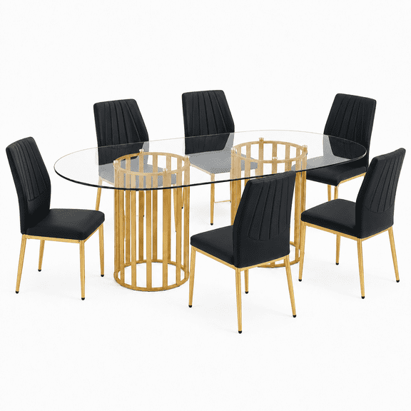 A7Store 71" Glass Dining Table Set for 6-8, Modern Gold Dining Room Table with Tempered Glass Top & Upholstered Chairs, Luxury Kitchen Table Set for Home Apartment