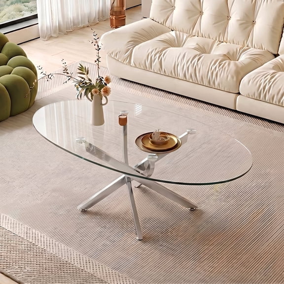 A7Store Modern Oval Glass Coffee Table, 39.4" Clear Tempered Glass Center Table with Anti-Rust Metal Legs for Living Room, Apartment & Office