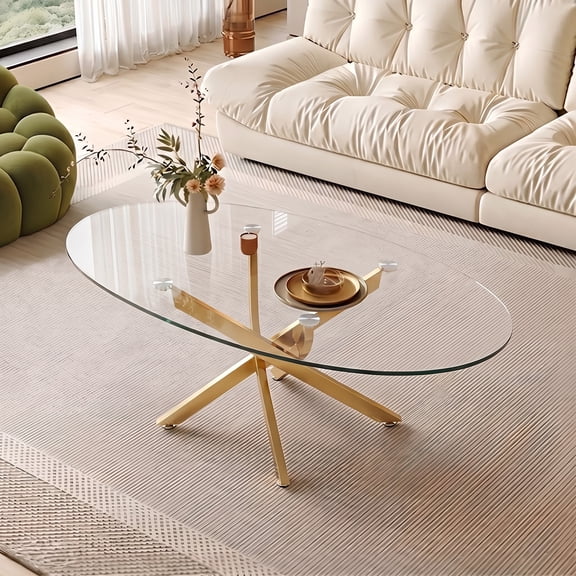 A7Store Modern Oval Glass Coffee Table, 39.4" Clear Tempered Glass Center Table with Anti-Rust Metal Legs for Living Room, Apartment & Office
