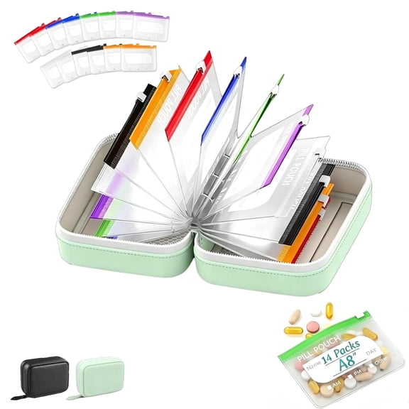 A8 Waterproof Pill Organizer Set with 14 Color-Coded Reusable Pouches, 2-Week Medication Storage Portable Pill Case for Travel