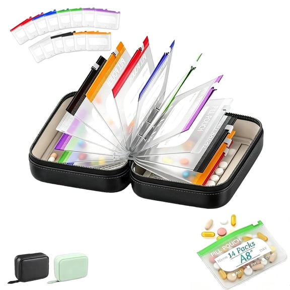 A8 Waterproof Pill Organizer Set with 14 Color-Coded Reusable Pouches, 2-Week Medication Storage Portable Pill Case for Travel